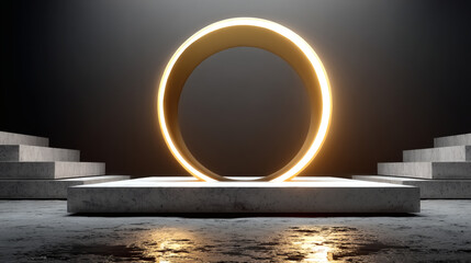 Abstract Minimalist Ring with Glowing Edge on Concrete Platform