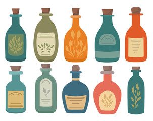 Vector set of bottles of different shapes in cartoon style. Collection of flasks with elixirs and medicines. Aroma oil vial clip arts