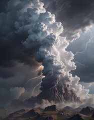 Fototapeta premium Thick, churning clouds, a jagged lightning strike cuts through , dramatic, lightning strike