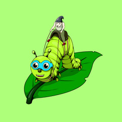 Obraz premium Cute cartoon caterpillar wearing goggles being ridden by a small character on a leaf. Whimsical and fun illustration.