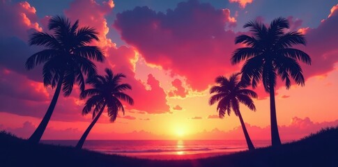 Vibrant sunset hues paint sky above silhouetted palm trees , golden hour, ocean view