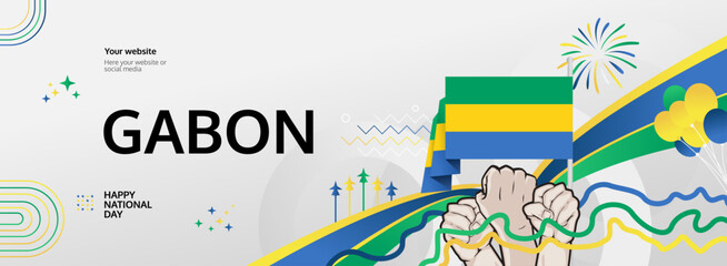 Gabon Independence Day modern greeting banner. 17 August Happy National Day. Festive horizontal templates in flag colors, great for carnival event, creative poster, tourism campaign, and holiday sale