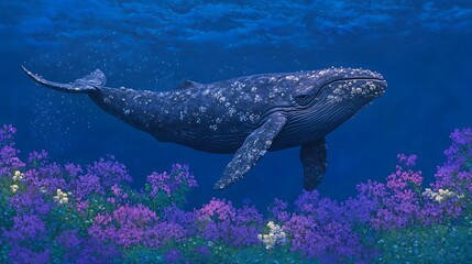 Gray whale in underwater floral environment