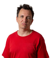 Obraz premium Isolated man with tousled hair in red t-shirt shows emotion of disappointment