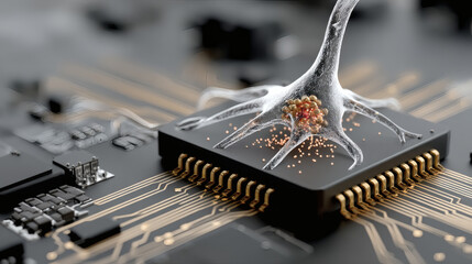 Abstract representation of a neuron connecting with a microchip
