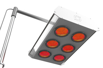 Transparent Background PNG CAD rendering realistic render of a Adjustable Medical Infrared Physiotherapy Lamp with Six Heating Lights on Wheeled Stand for Pain Relief Therapy