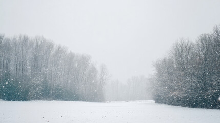 Snowy winter landscape with trees. Light snowfall blankets a field and forest