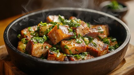 Fototapeta premium Delicious sizzling pork dish with herbs and spices served in a traditional stone platter