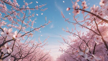 Romantic Sakura Trees in Full Bloom with Petals Blowing in the Wind