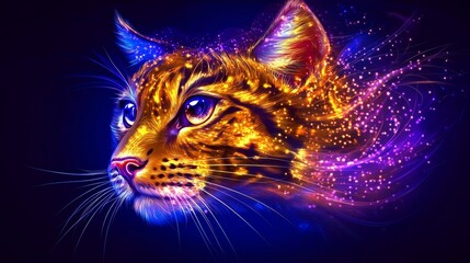 Abstract feline portrait in cosmic hues energetic cat illustration radiating light and color whimsical artwork blending animal and galaxy elements expressive cat