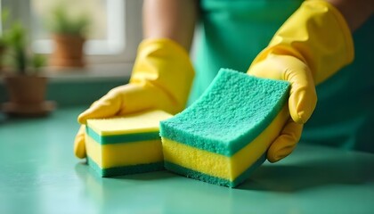 cropped view of housekeeper in rubber gloves holding two sponges on green