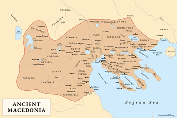 Ancient Macedonia, Macedon, history map with approximate boundaries before Roman conquest. Kingdom on periphery of Archaic and Classical Greece which later become dominant state of Hellenistic Greece.