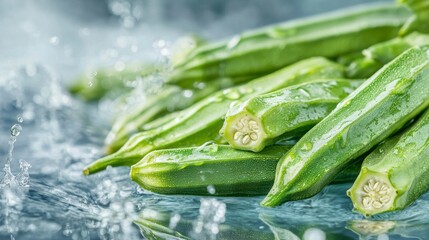Fresh green okra pods glistening with water droplets, some halved, arranged on a reflective surface with splashing water.