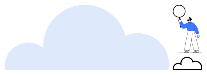 Person holding balloon next to a large cloud, suggesting creativity and innovation. Ideal for technology, cloud networking, brainstorming, imagination, progress, minimalism, simple landing page