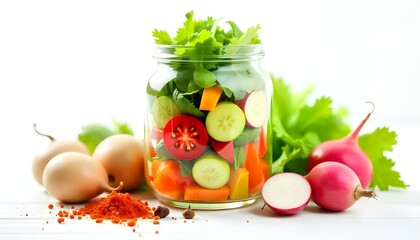 fresh vegetable salad in glass jar near oil, radish and spices isolated on white