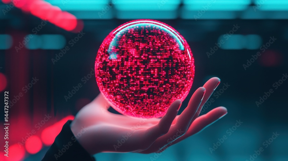 Poster glowing red sphere of digitized data held in hand with abstract background of light patterns and tec