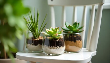 close up view of decorative exotic succulents in glass flowerpots on white chair