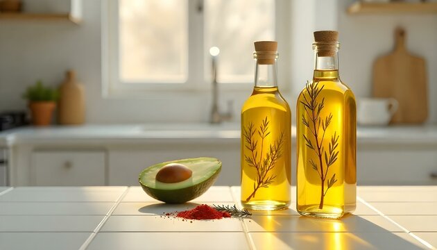 various bottles of oil flavored with different spices and rosemary on white surface - Powered by Adobe