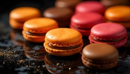 top view of delicious fresh colorful French macaroons of different flavors isolated on black,