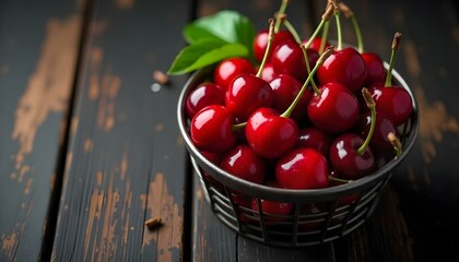red delicious wet cherries in metal basket on wooden dark table isolated on black
