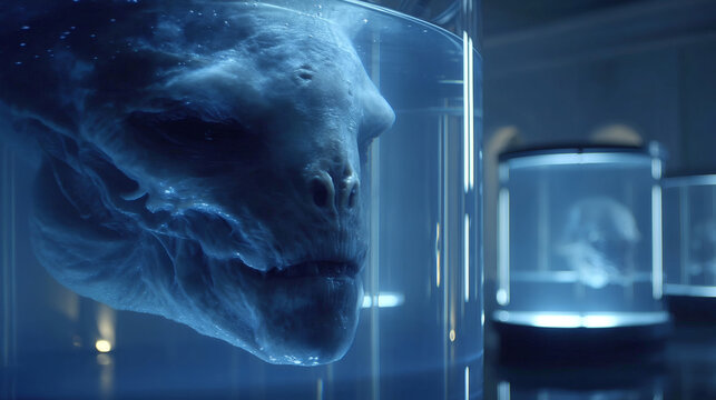 Alien Creature in Glass Tank with Blue Illumination in Laboratory
