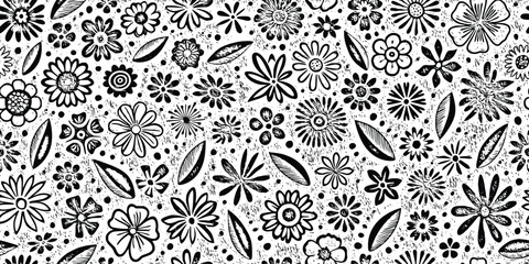 Drawing of leaves and flowers, seamless pattern, grunge texture, vector floral background