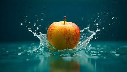 ripe green apple falling deep in water with splash on blue background