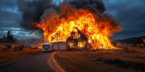 Suburban House Fire with Explosive Flames and Emergency Response in Action