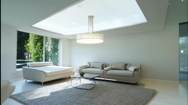Living room bathed in natural light through skylight, modern furniture and daybed create bright inviting space exuding stylish comfort. Concept living room embodies chic living room.