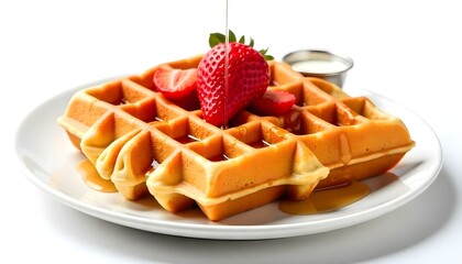 viennese waffles with strawberry and sweet syrup isolated on white background