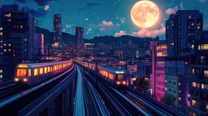 Fototapeta premium A vibrant cityscape at night featuring two trains on elevated tracks, illuminated by city lights and a large moon casting a serene glow over the urban landscape