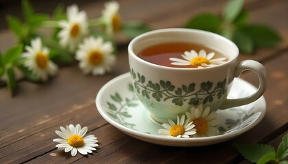 Cup of medicinal chamomile tea on a wooden