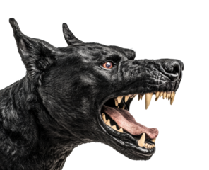 Fierce black dog with bared teeth in aggressive pose for training