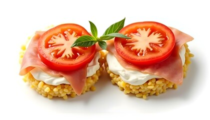 Rice cakes with cream cheese, prosciutto and tomato top view isolated on white background
