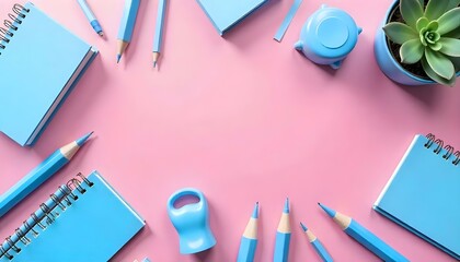 flat lay with blue school supplies isolated on pink