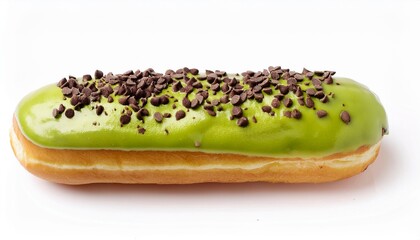 Long John Matcha Donut with Chocolate Sprinkles on White Background Isolated