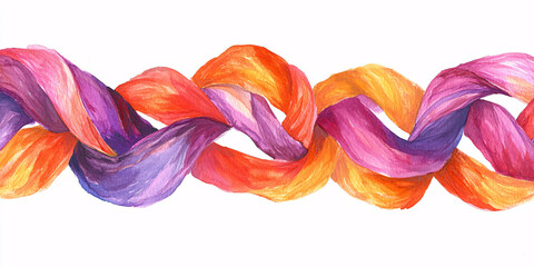Watercolor painting of an abstract braid in vibrant orange, purple and red shades.