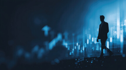 Fototapeta premium Silhouette of a businessman walks forward through a backdrop of financial data. A deep blue color palette creates a sense of modern, powerful business success