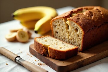 A freshly baked loaf of banana bread, sliced and served on a wooden board, accompanied by ripe bananas and slices of the same fruit, ready to be enjoyed