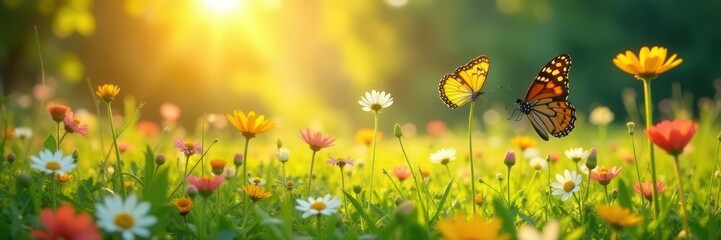 Fototapeta premium Sun-drenched meadow, wildflowers bloom, butterflies flutter , peaceful, photography, countryside