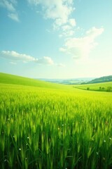 Fototapeta premium Serene Rolling Hills and Vibrant Green Wheat Field Under a Sunny Sky