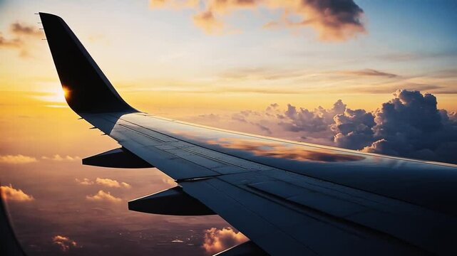 Vibrant sunset illuminating airplane wing during a scenic flight above fluffy clouds in the evening sky