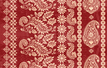 floral pattern vintage ethnic modern embroidery texture boho design vector illustration hand drawn pink flower motif branches leaves wallpaper seamless background border.