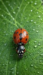 Obraz premium A ladybug, glistening with raindrops, rests on a vibrant green leaf , ladybug, green, red