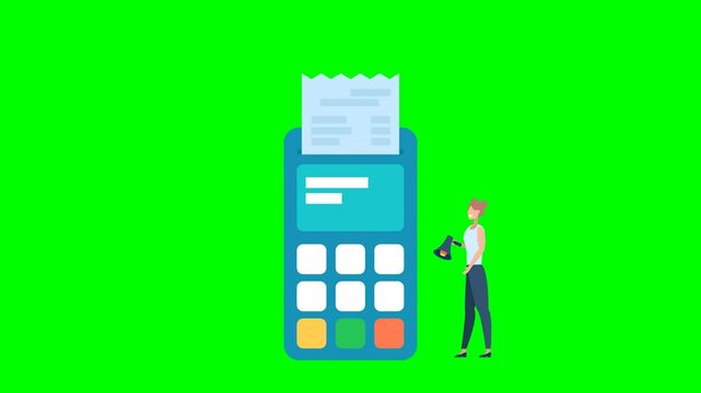 Cash register terminal purchase checkout, sales outlet with buyer. Banking payment cashier services. POS Terminal, debit credit card. Terminal for cashier employee. 2d flat animation. Alpha channel