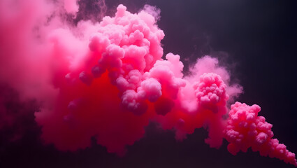 A vivid neon pink smoke explosion in slow motion, billowing and swirling with glowing particles, on a dark gradient background, soft lighting with futuristic glow effects,