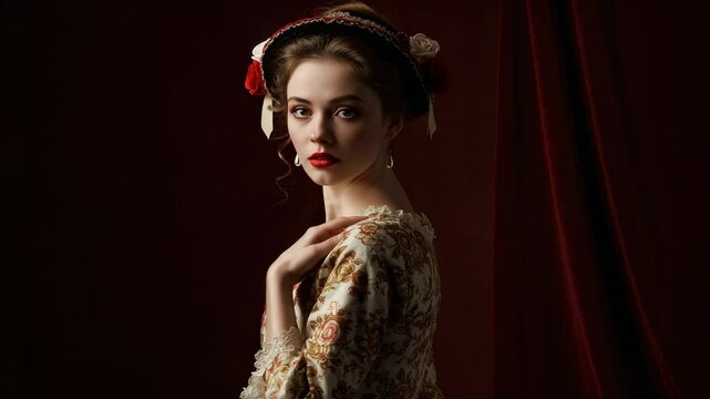 Portrait of a young woman in vintage attire against a dark red backdrop, exuding elegance and mystery - rococo dress