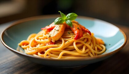 Close-up of lobster spaghetti, vibrant red lobster meat, al dente pasta, rich tomato sauce, parsley garnish, black pepper, studio lighting, emphasizing textures.