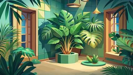 Fototapeta premium A touch of the jungle in a neat indoor corner. Monstera’s signature leaf pattern brings exotic elegance. Rendered in 3D for depth, texture, and realism. Ideal for serene vector scenes and green living