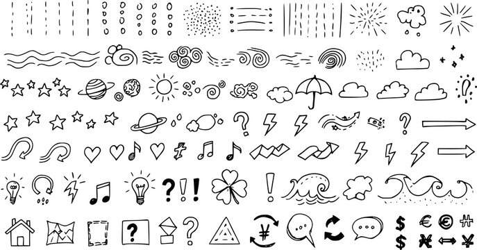Сollection of various black doodle elements, manga-style illustration pictogram icon set. JPEG version.